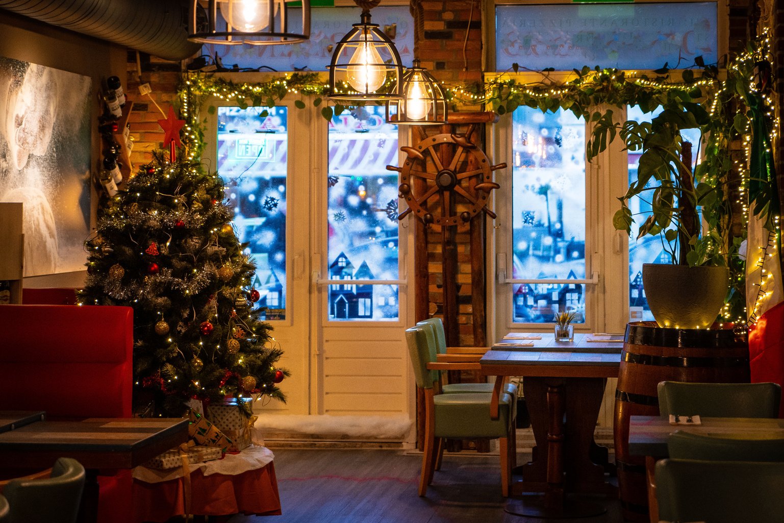 Restaurant bar during Christmas time. Christmas decorations restaurant